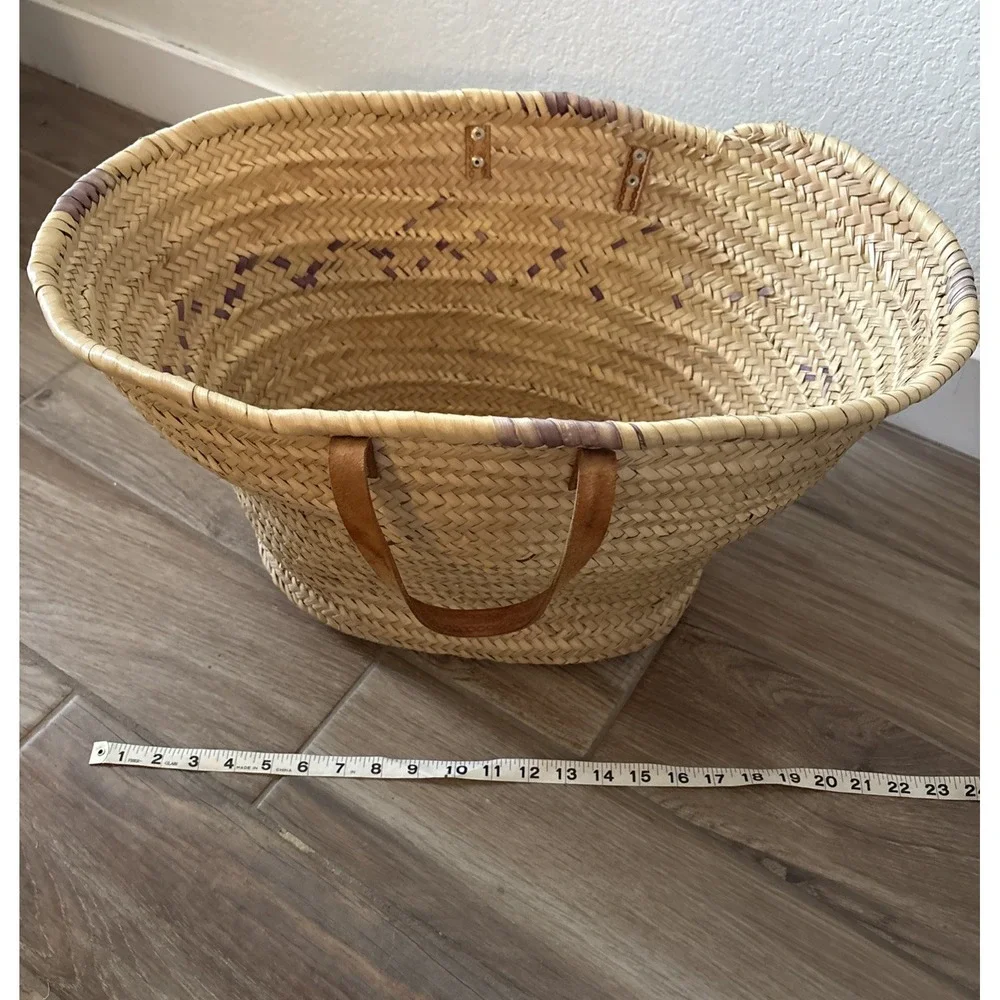 Handmade Woven Straw Market Basket with Brown Leather Handles Beach Shopping